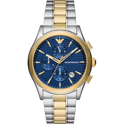 Emporio Armani AR11579 chronograph watch with blue dial, gold bezel, and two-tone steel bracelet