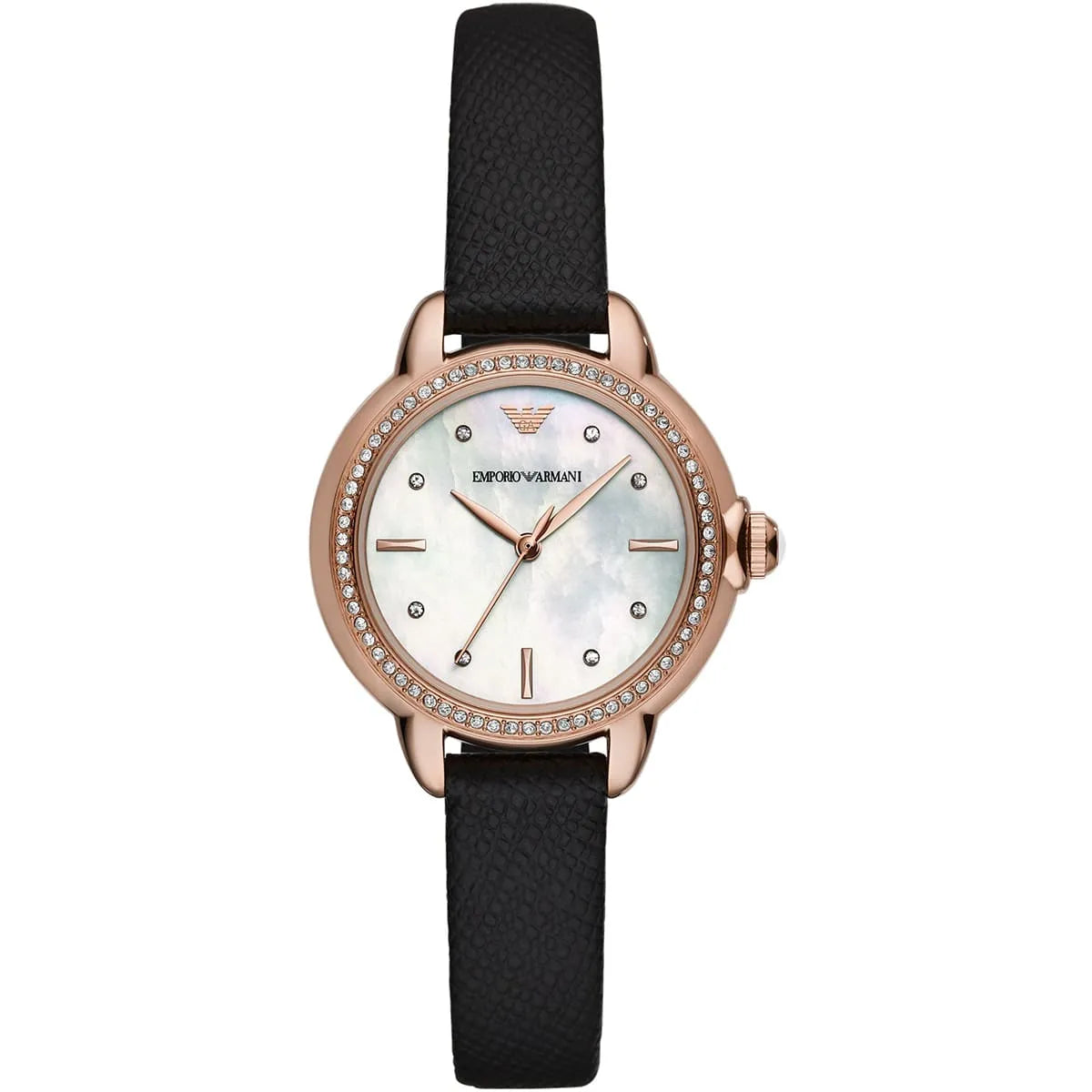 Emporio Armani AR11598 women's watch with rose gold case, mother-of-pearl dial, and black leather strap