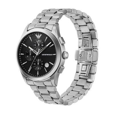 Emporio Armani AR11602 watch angled view showing three-link steel bracelet