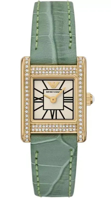 Emporio Armani Classic White Dial Green Leather Strap Women Watch - AR11661
