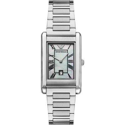 Emporio Armani AR11664 silver rectangular watch with Roman numeral dial and metal bracelet