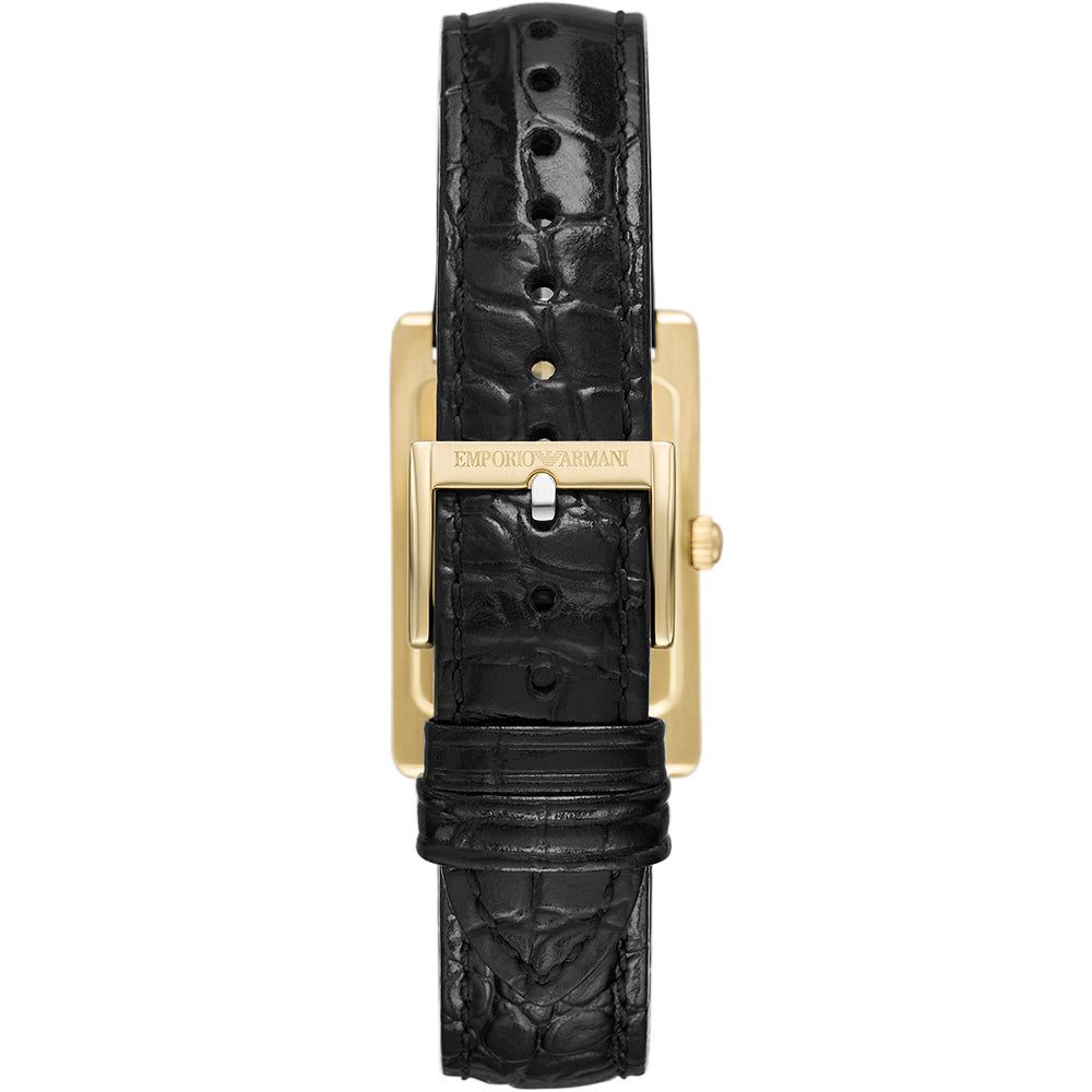 Caseback view of Emporio Armani Gino watch with gold-tone case and crocodile-embossed black leather strap