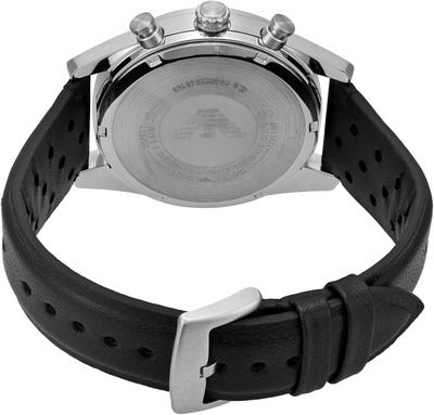 Emporio Armani AR11677 caseback view with engravings and black leather strap
