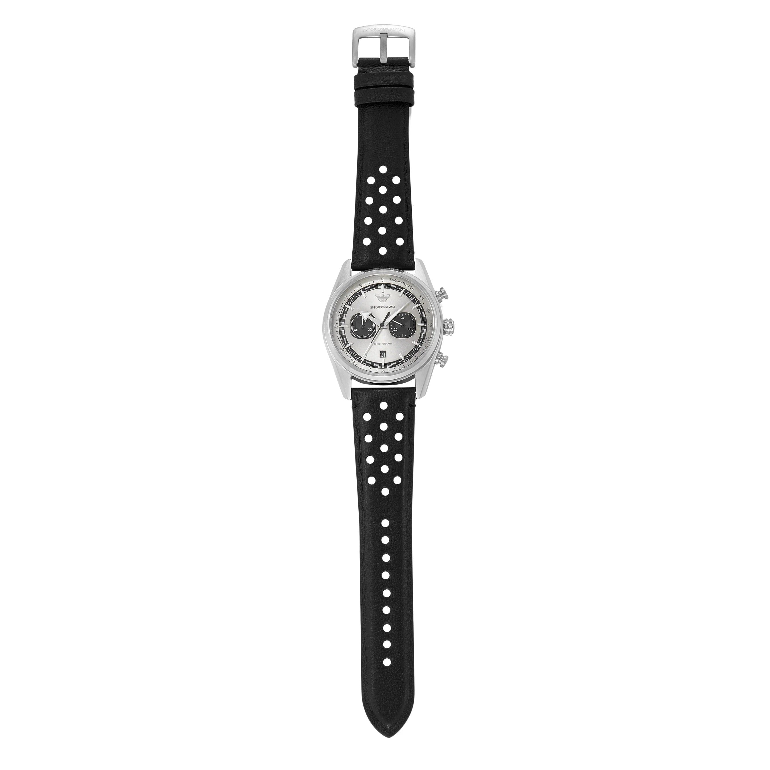 Emporio Armani AR11677 chronograph watch displayed on wrist with black perforated leather strap