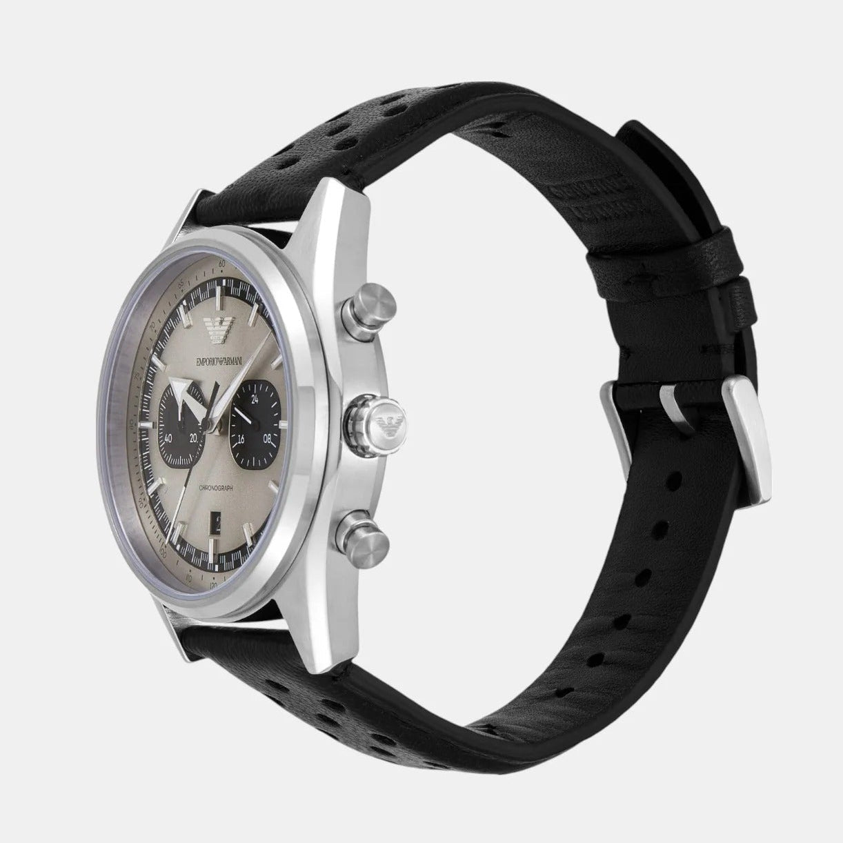 Emporio Armani AR11677 side view showing stainless steel case and black leather strap