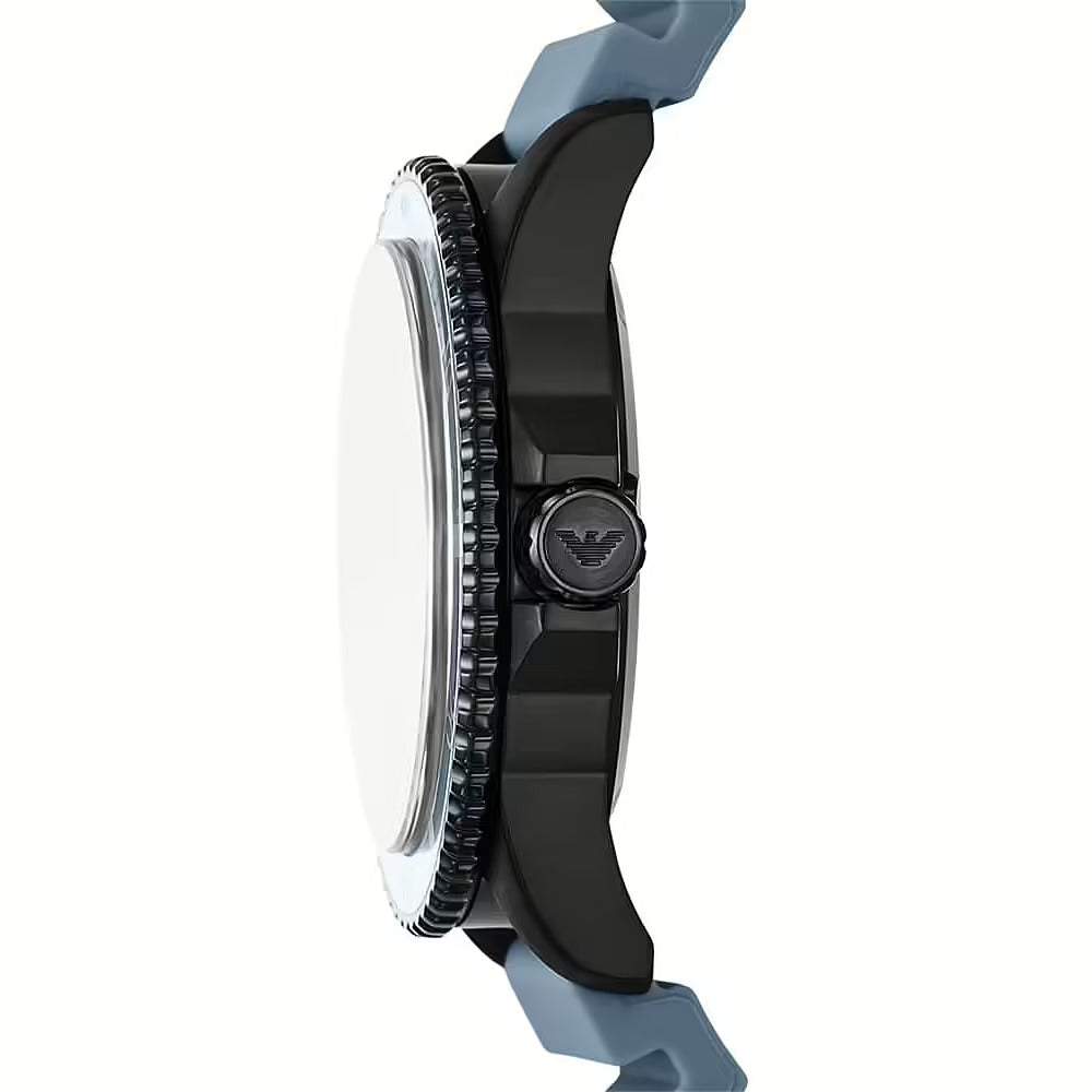 Angled view of Emporio Armani Sea Explorer watch with blue silicone strap