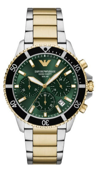 Emporio Armani World Explorer Chronograph Green Dial Two Tone Steel Strap Men Watch - AR11695