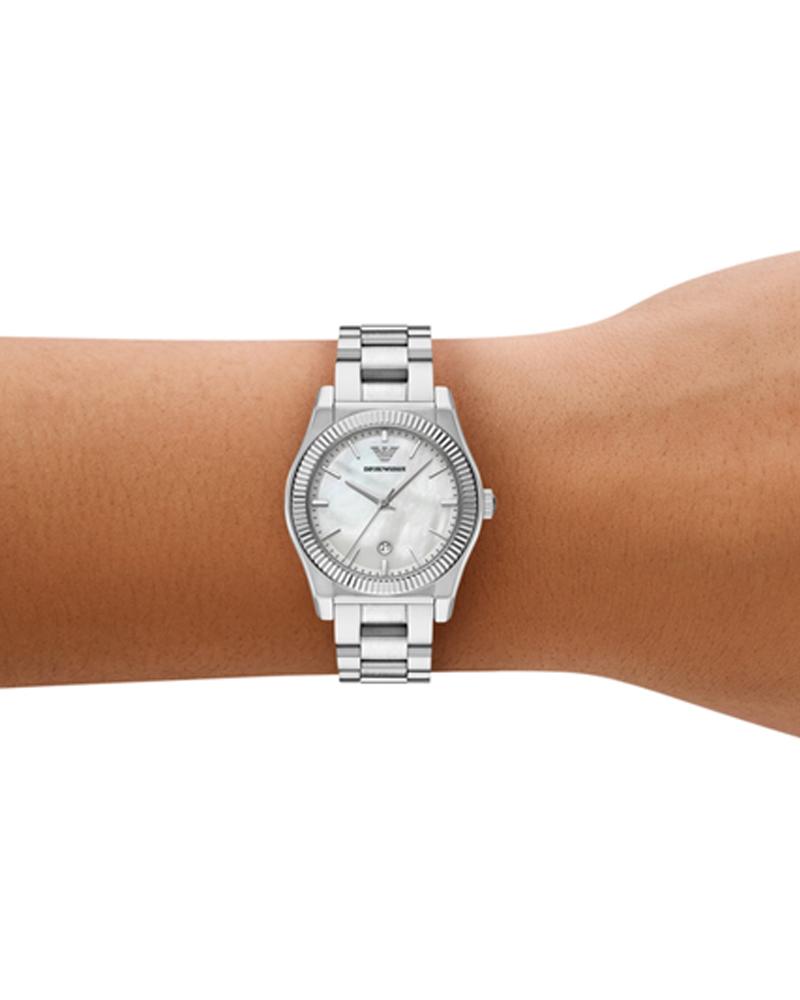 Emporio Armani AR11723 silver stainless steel women's watch worn on wrist