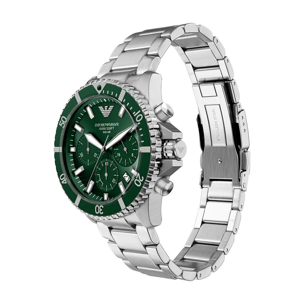 Emporio Armani AR11741 angled view showing green dial, rotating bezel, and stainless steel bracelet