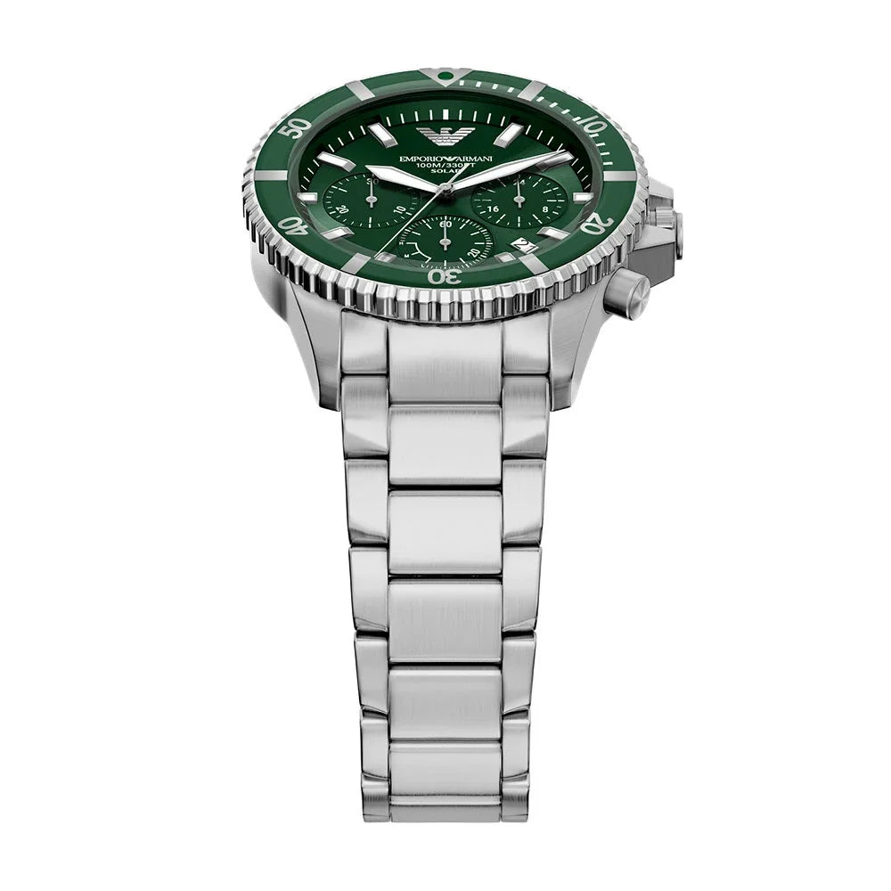 Emporio Armani AR11741 World Explorer from above showing chronograph subdials on green dial