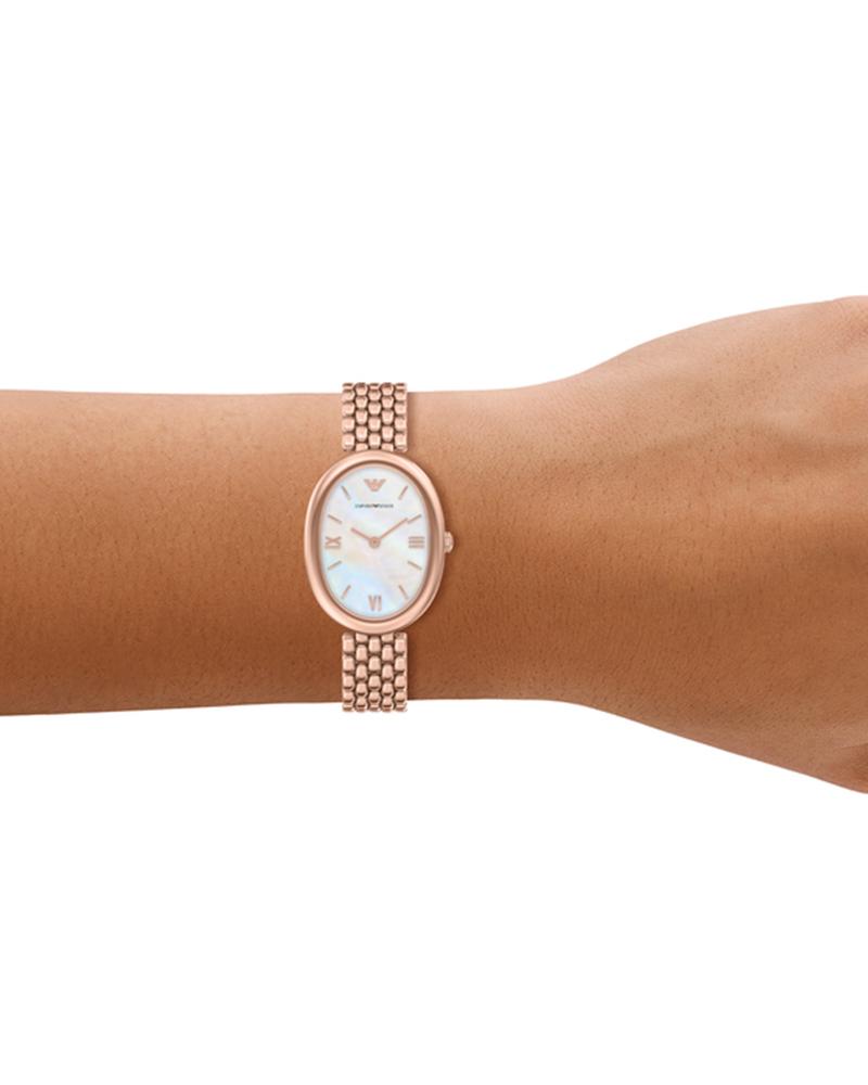 Emporio Armani Sinfonia AR11775 rose gold watch worn on wrist showing dial and bracelet fit