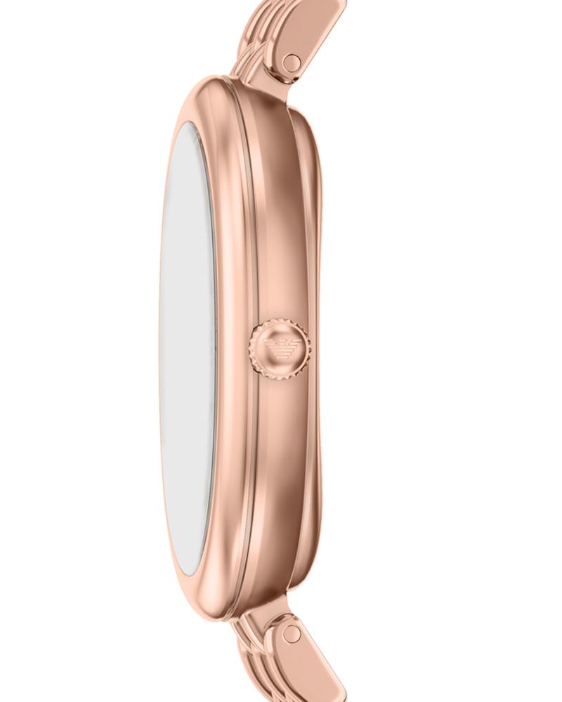 Side profile of Emporio Armani AR11775 showing rose gold case thickness and oval shape