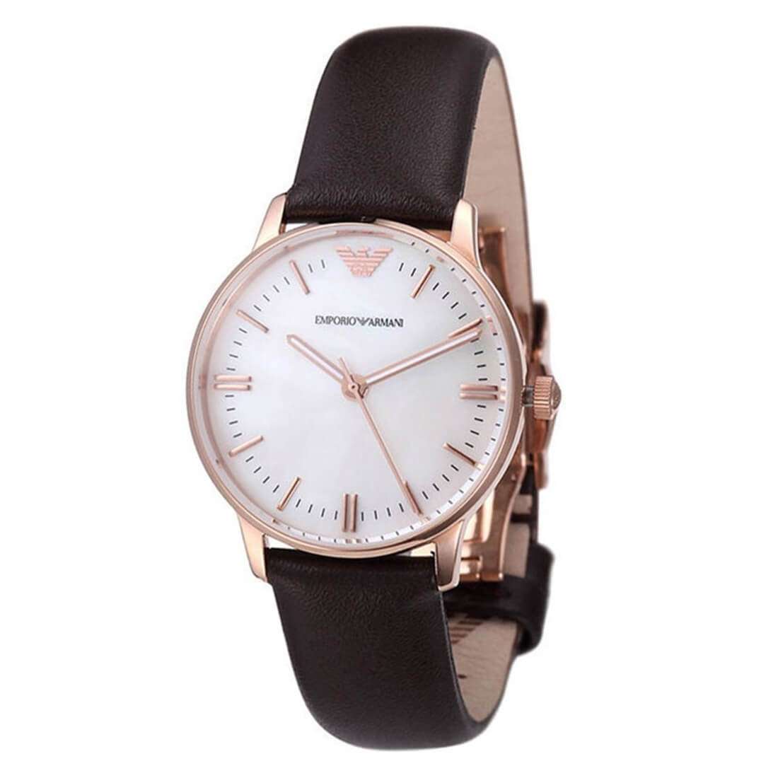 Emporio Armani Classic Quartz Mother of Pearl Dial Brown Leather Strap Watch AR1601