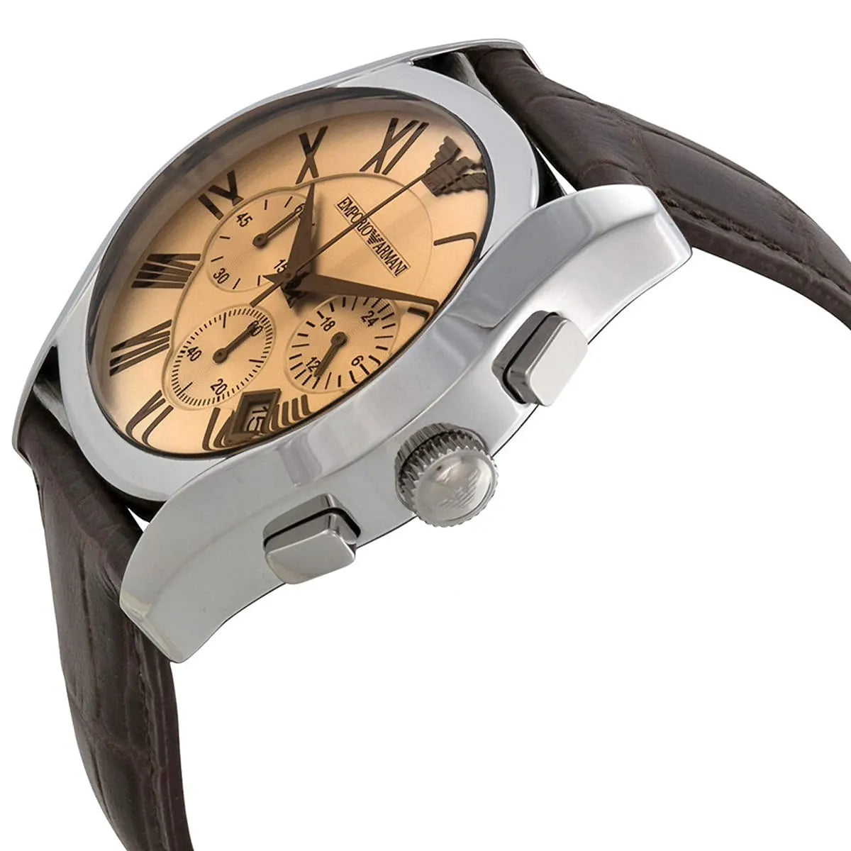 Emporio Armani AR1634 watch at angle showing case and brown leather strap