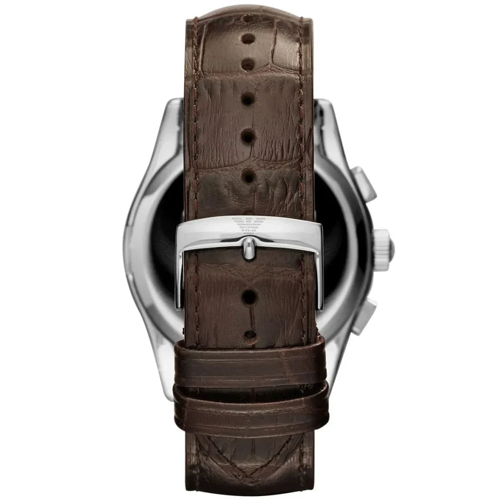 AR1634 watch caseback showing brown crocodile-textured leather strap