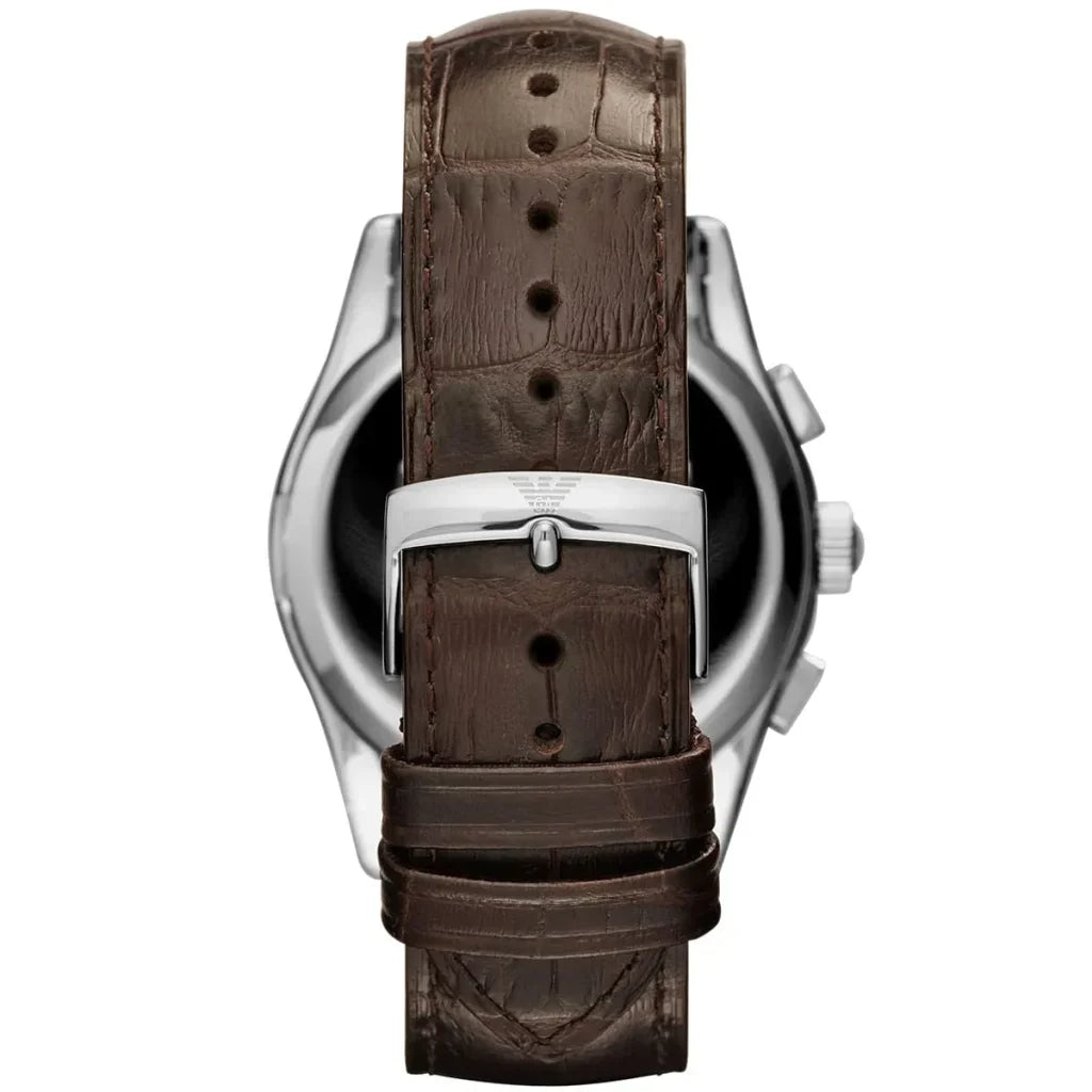 AR1634 watch caseback showing brown crocodile-textured leather strap