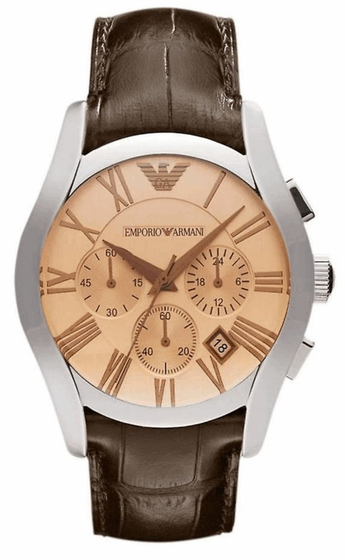 Emporio Armani AR1634 men's chronograph watch with champagne dial and brown leather strap