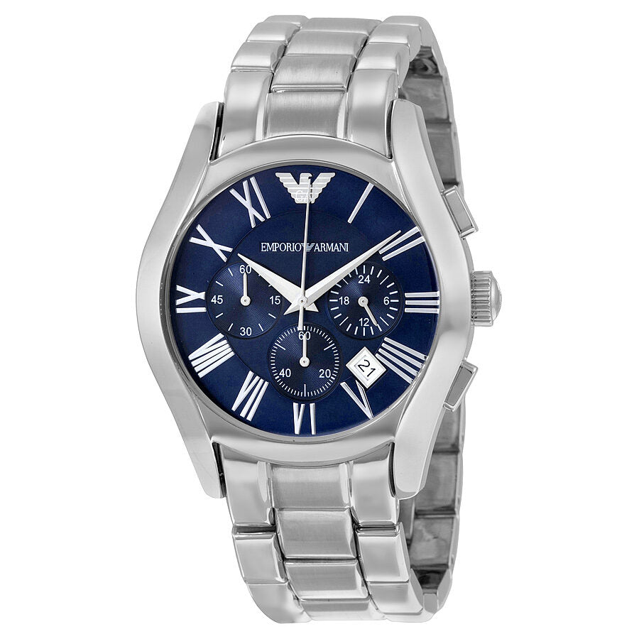 Emporio Armani Classic Chronograph watch with blue dial and silver stainless steel case