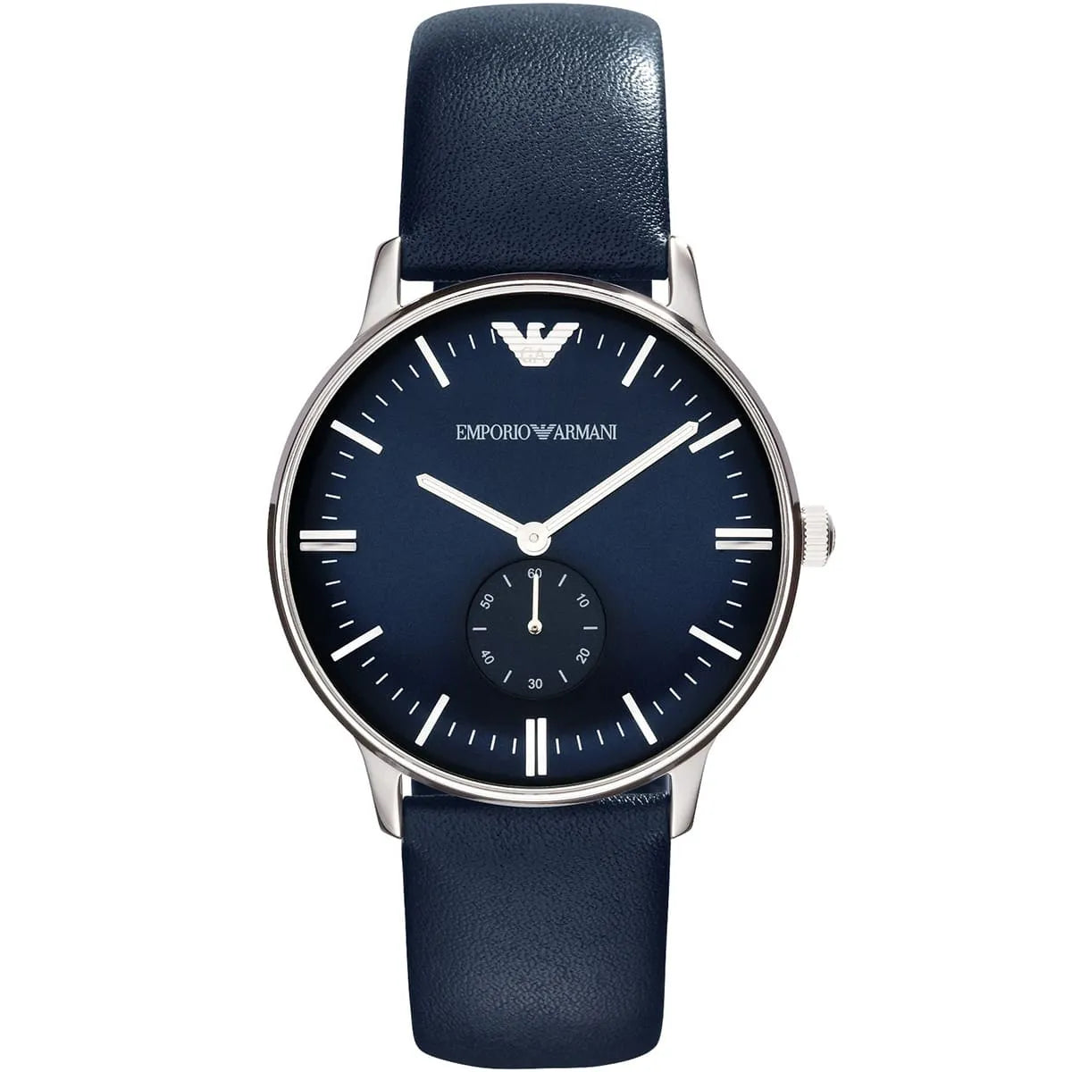 Emporio Armani AR1647 men's watch with silver case, blue dial, white hands, and blue leather strap