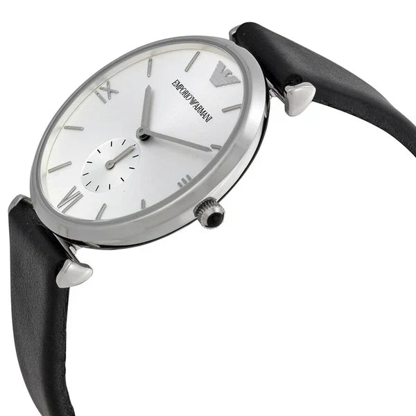 Side angle view of Emporio Armani AR1674 watch with silver dial and black leather strap
