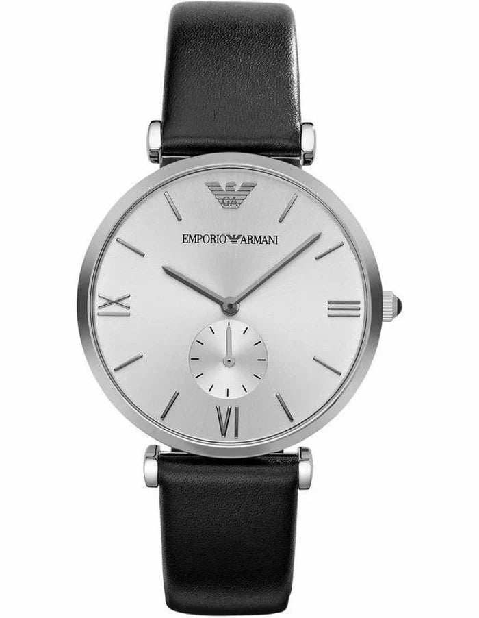 Emporio Armani Retro Analog Quartz Silver Dial Black Leather Strap Watch AR1674