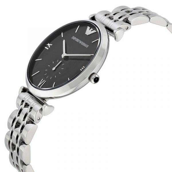 AR1676 watch at angle showing black dial, silver case, and linked metal bracelet