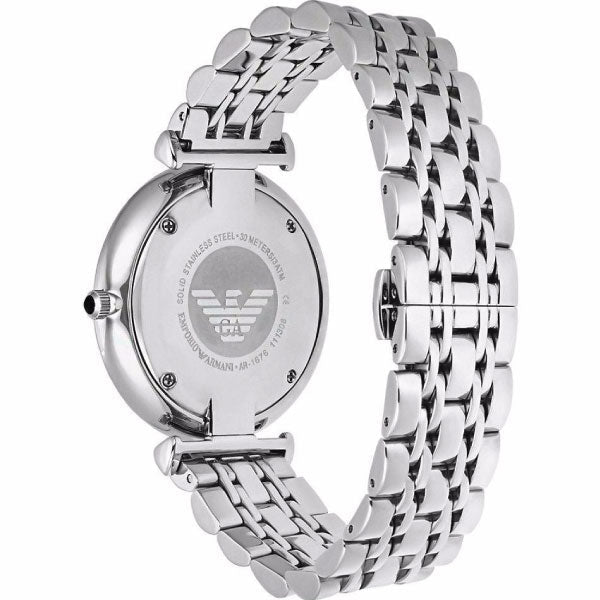 AR1676 caseback displaying stainless steel construction with Emporio Armani eagle logo engraving