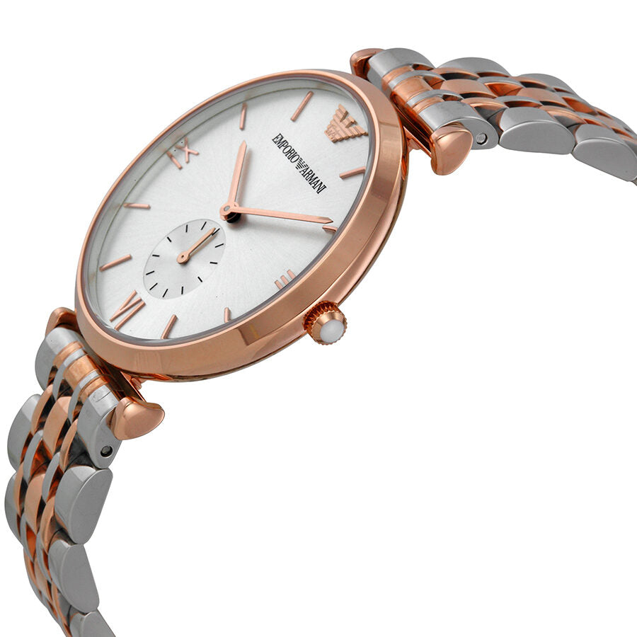 Emporio Armani AR1677 angled view showing silver dial and two-tone bracelet