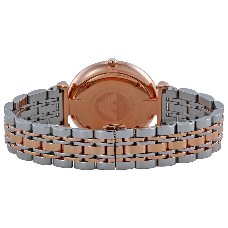 Emporio Armani AR1677 caseback showing rose gold two-tone stainless steel bracelet