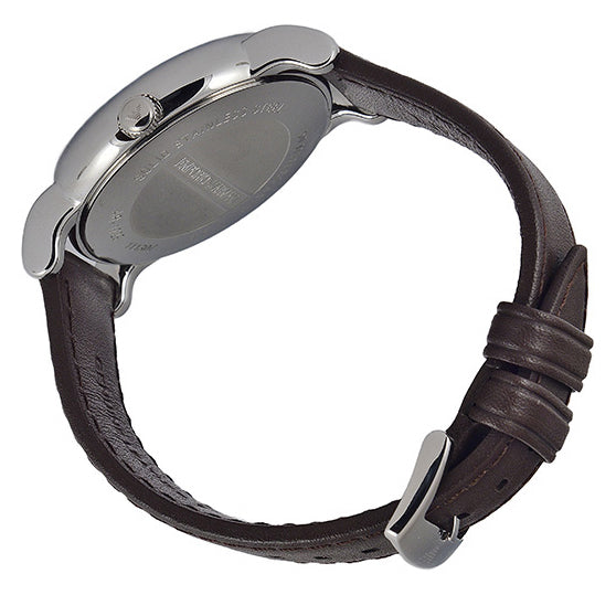 Emporio Armani AR1729 watch caseback with engraved text and brown leather strap