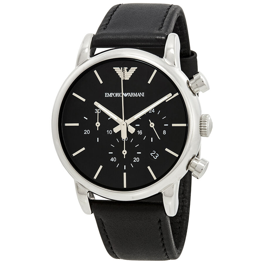 Emporio Armani AR1733 chronograph watch with black dial and silver case on black leather strap