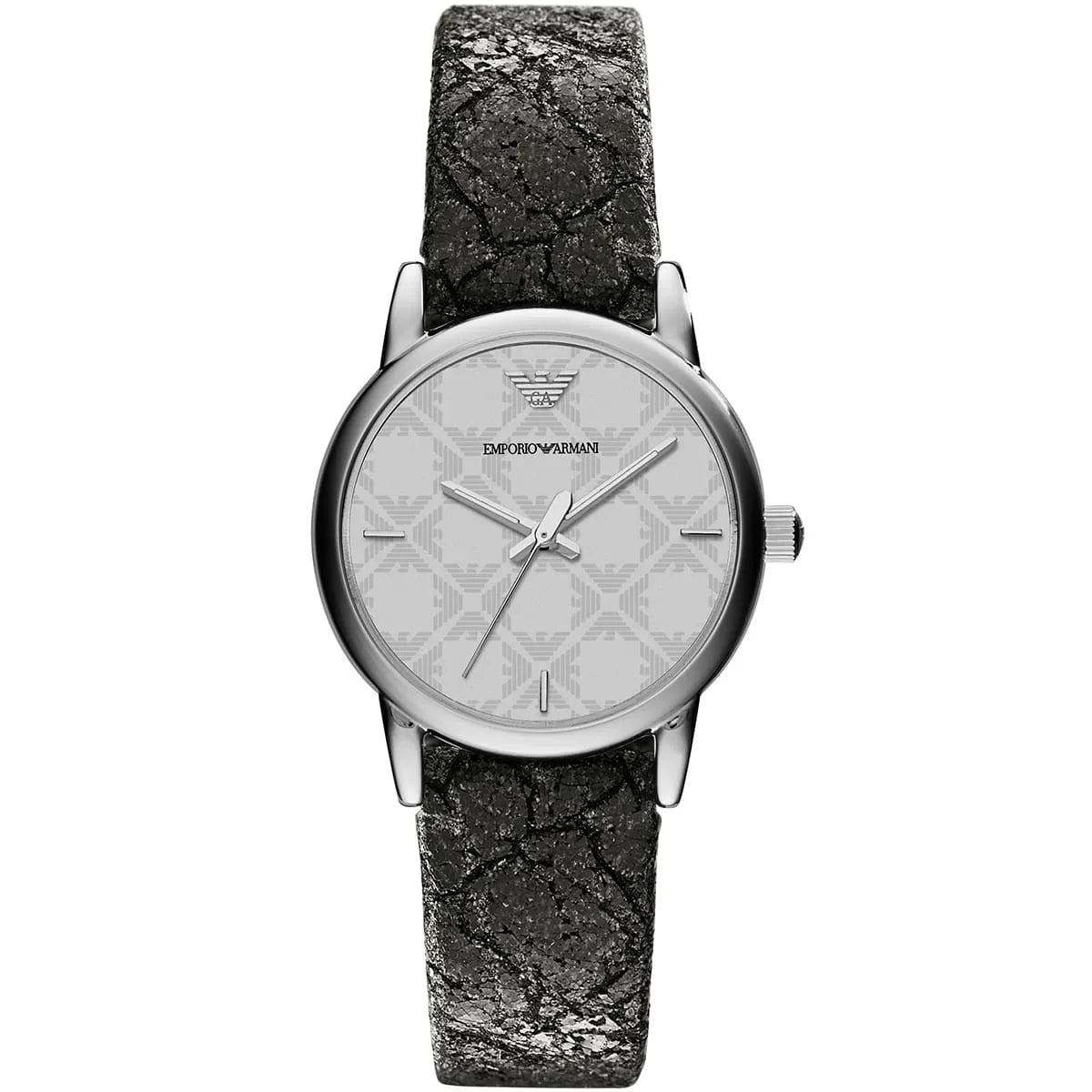 Emporio Armani AR1814 women's watch with silver dial and charcoal patterned leather strap