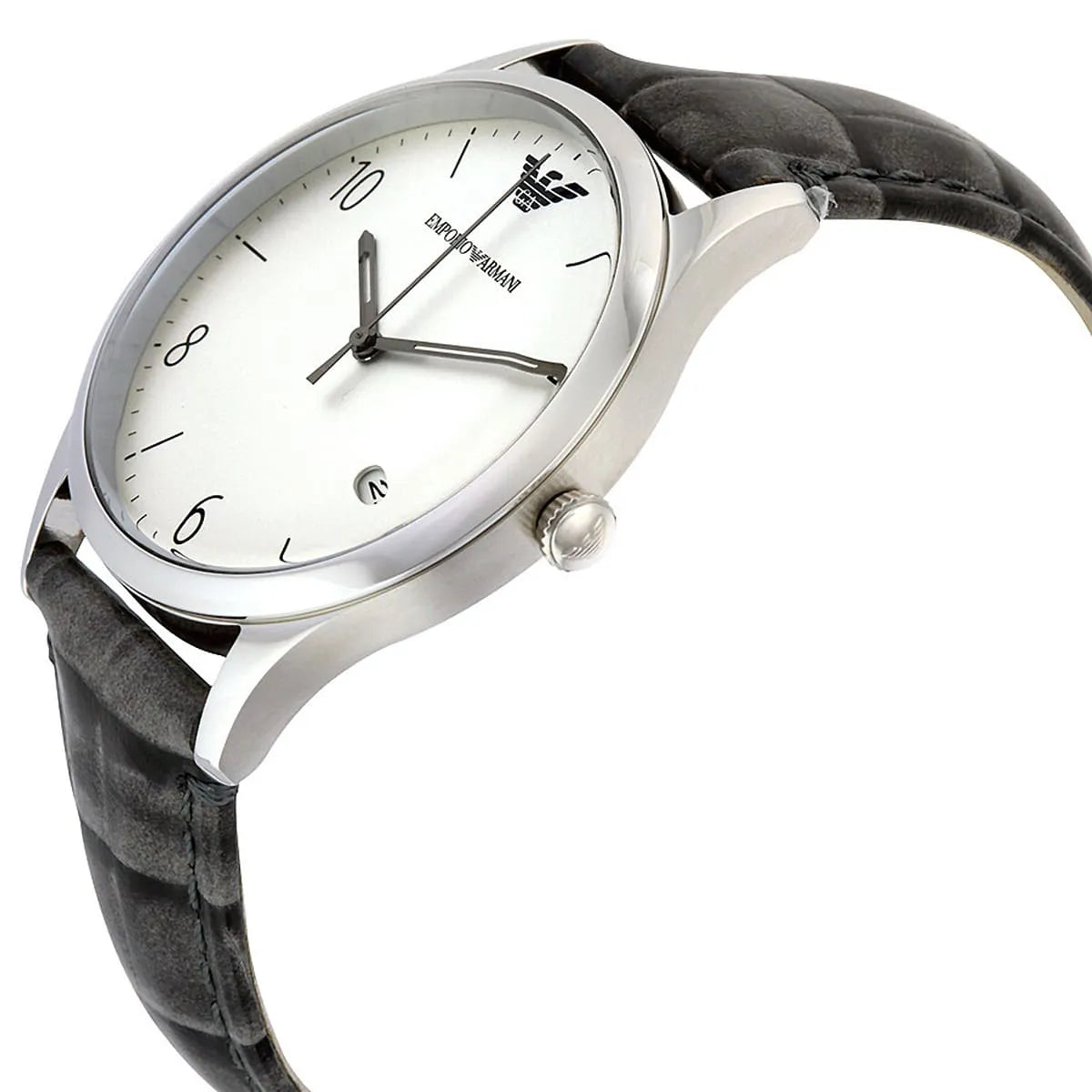 Emporio Armani AR1880 watch at angle showing silver case profile and gray leather strap