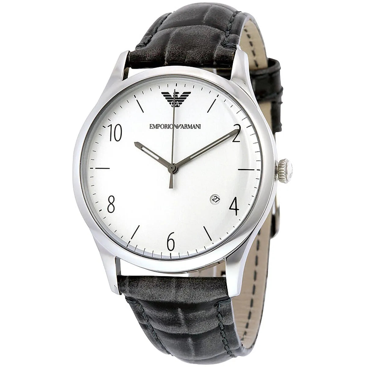 Emporio Armani AR1880 men's watch with white dial, gray quilted leather strap, and date window
