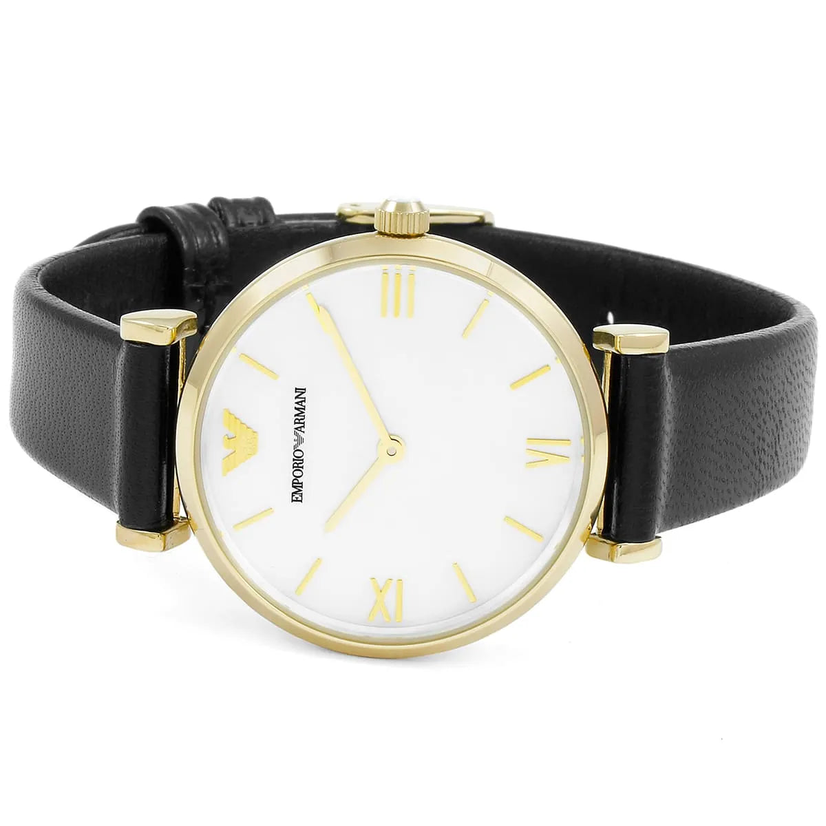 Emporio Armani MOP Dial Gold Case Black Leather Women's Watch AR1910