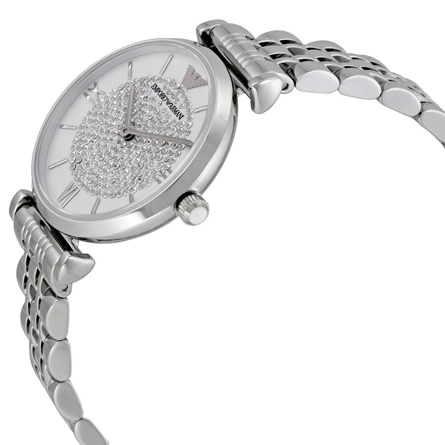 Emporio Armani AR1925 side angle view showing white pave dial and stainless steel bracelet