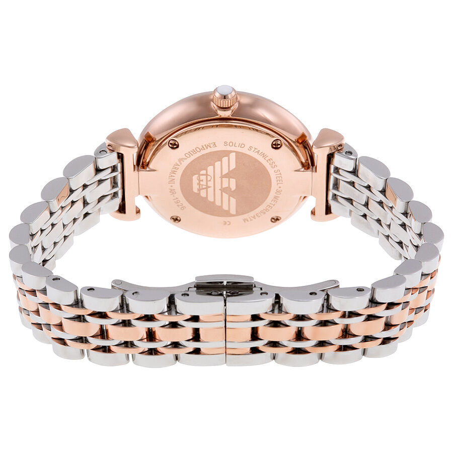 Caseback view of Emporio Armani AR1926 showing rose gold case with two-tone stainless steel bracelet