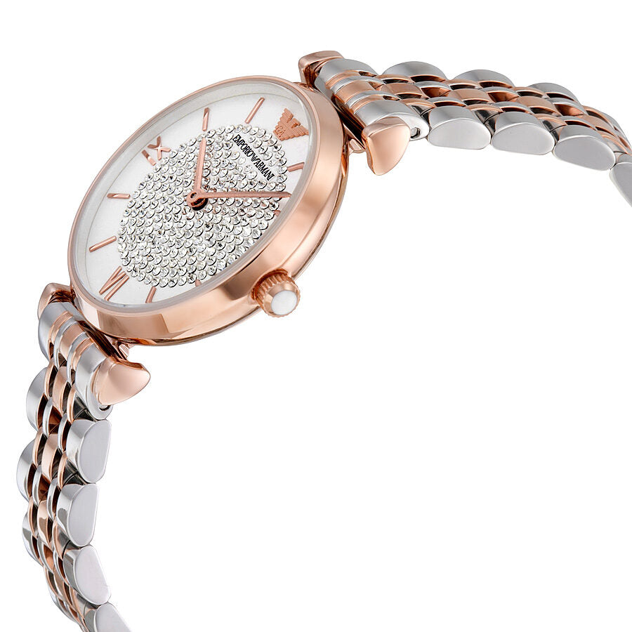 Side angle view of Emporio Armani AR1926 showing crystal pave dial and two-tone stainless steel bracelet