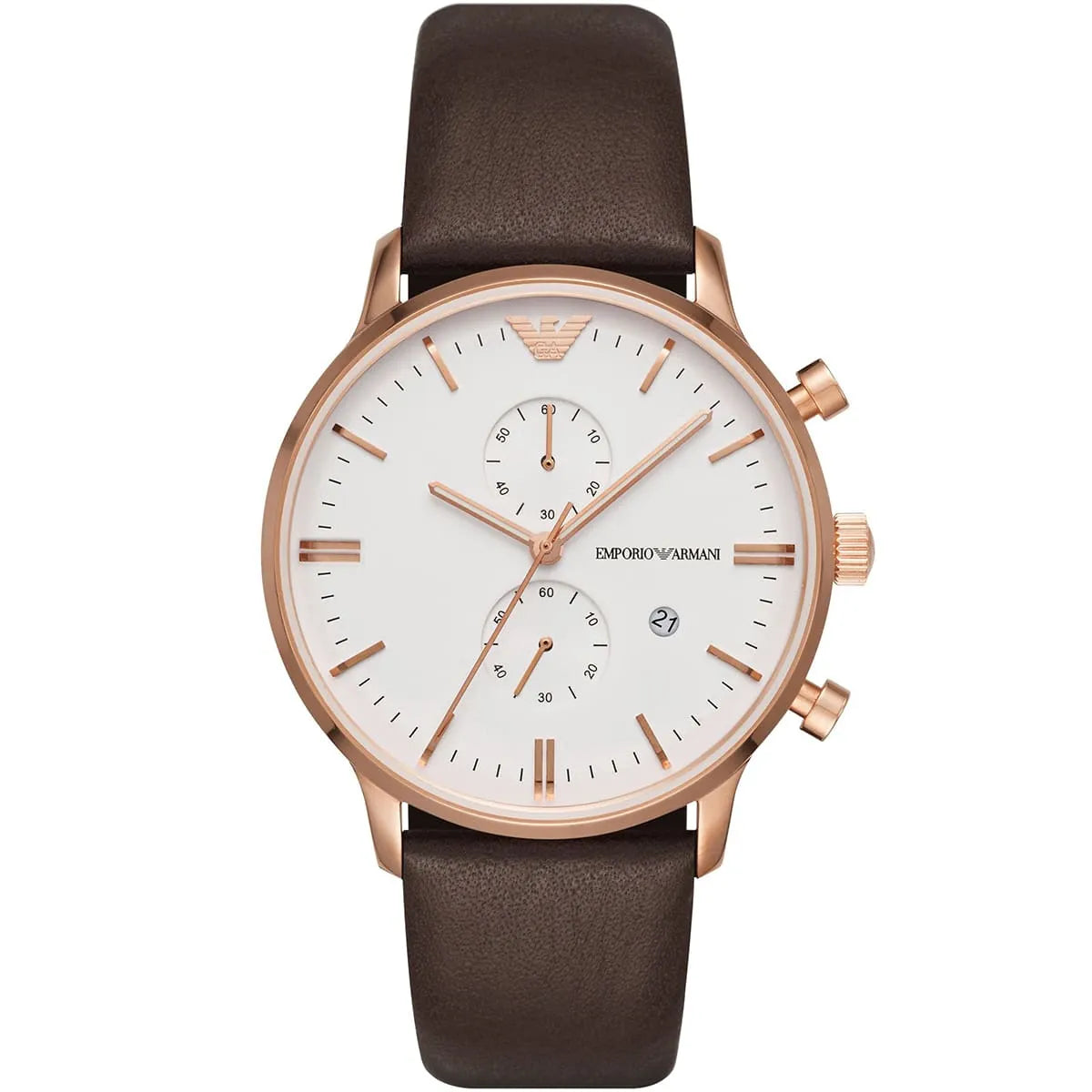 Emporio Armani AR1936 chronograph watch front view with white dial and rose gold case