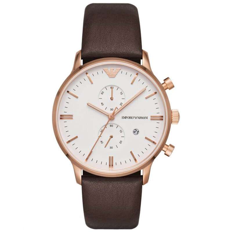 Emporio Armani AR1936 watch with white dial, rose gold case, brown leather strap, and chronograph subdials