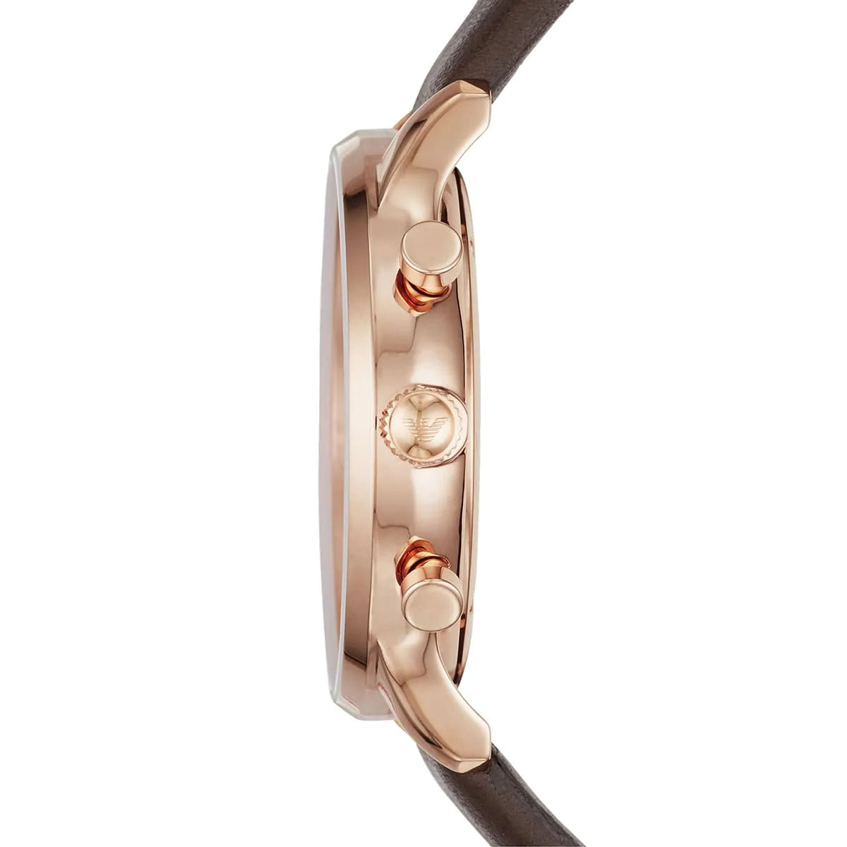 Emporio Armani AR1936 watch side profile showing rose gold case, chronograph pusher buttons, and brown strap