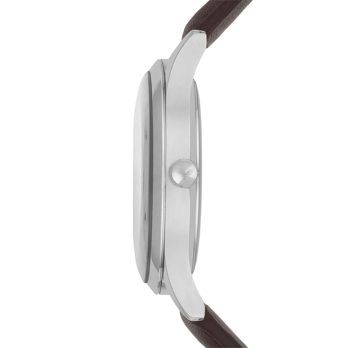 Emporio Armani AR1944 watch side profile showing case thickness and brown leather strap