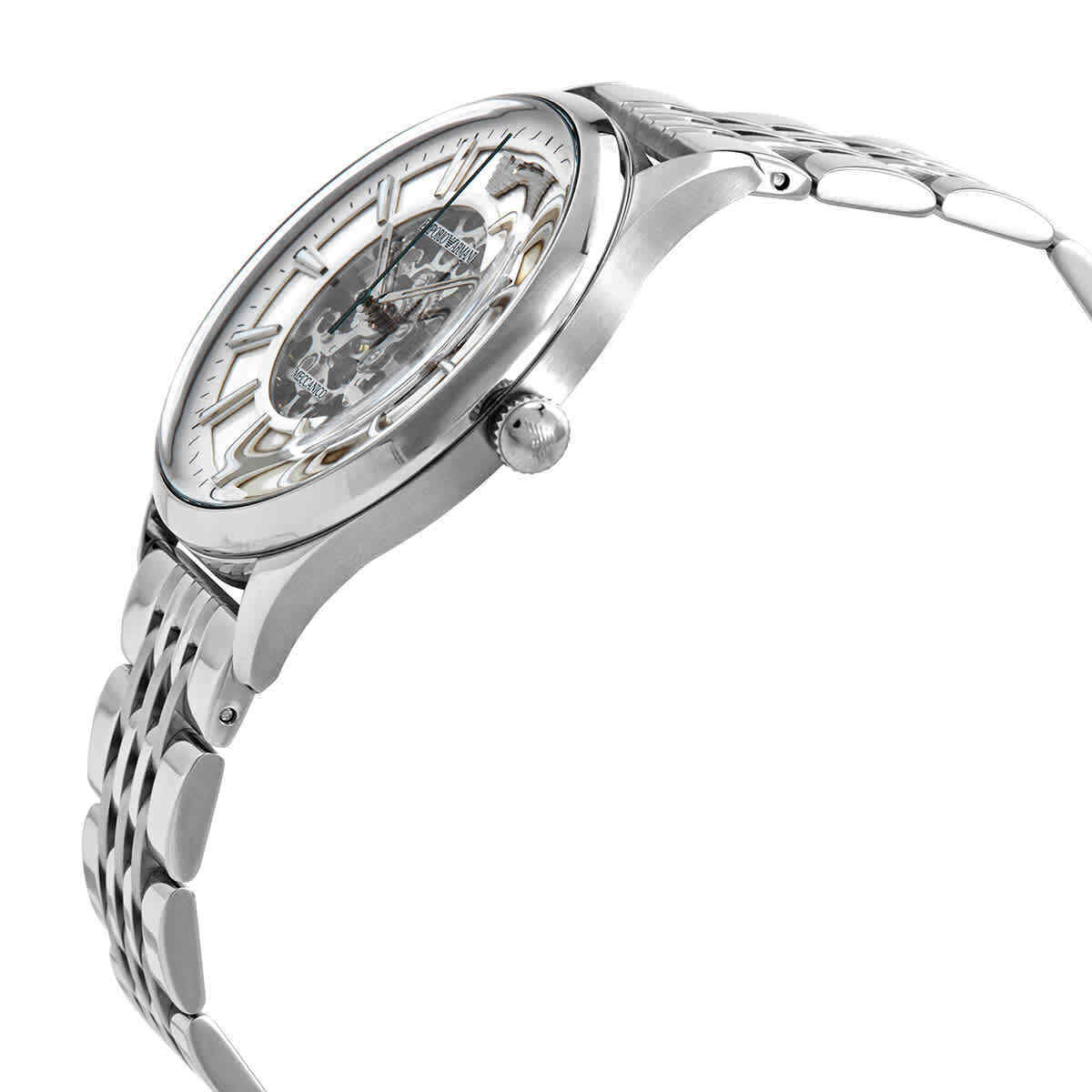 Side angle view of Emporio Armani AR1945 watch showing case profile and steel bracelet