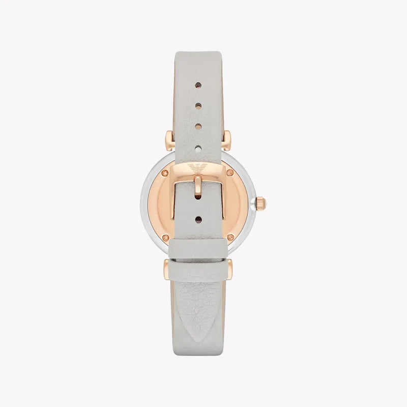 AR1965 caseback showing rose gold buckle and gray leather strap detail