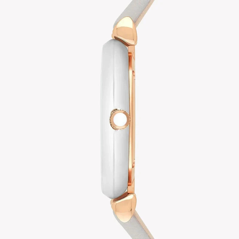 AR1965 side view showing rose gold case with white dial and gray leather strap