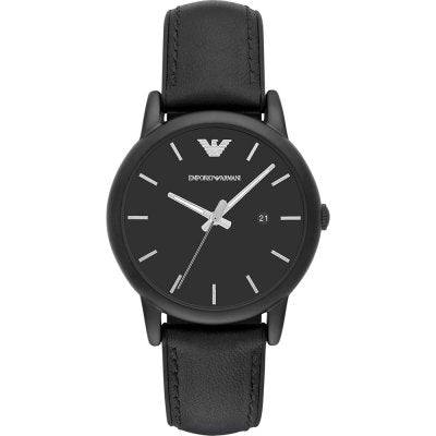 Emporio Armani AR1973 black watch with round dial, leather strap, and date window