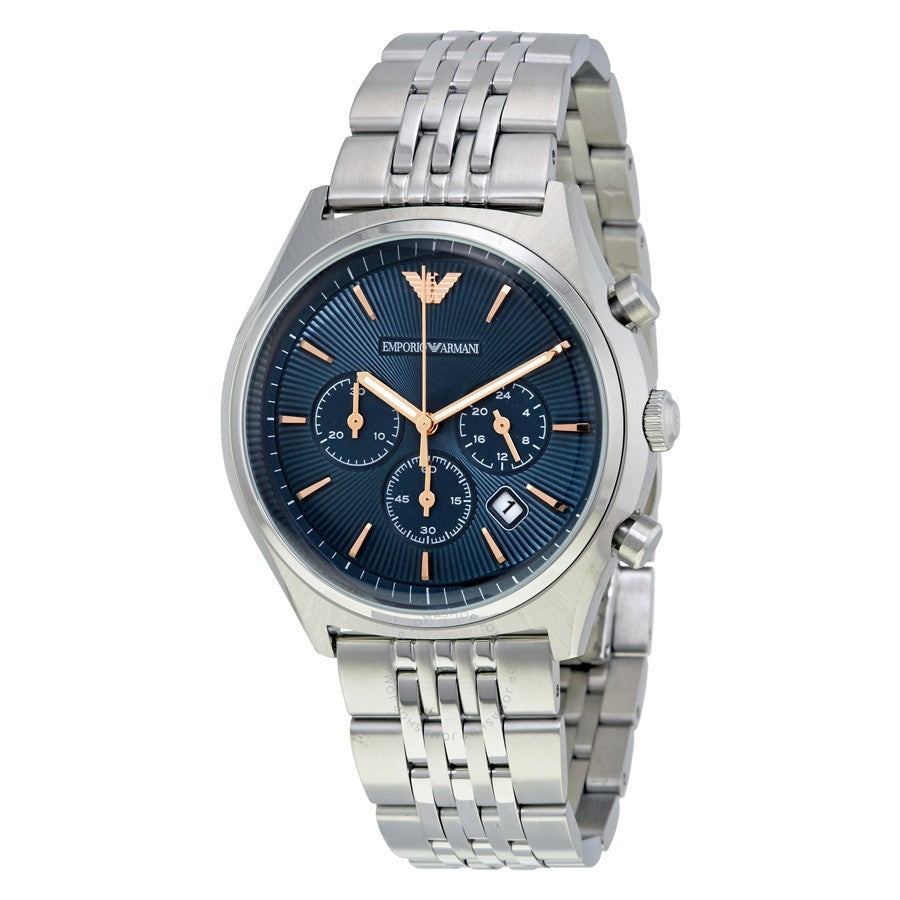 Emporio Armani AR1974 chronograph watch angled view showing blue dial and silver metal band