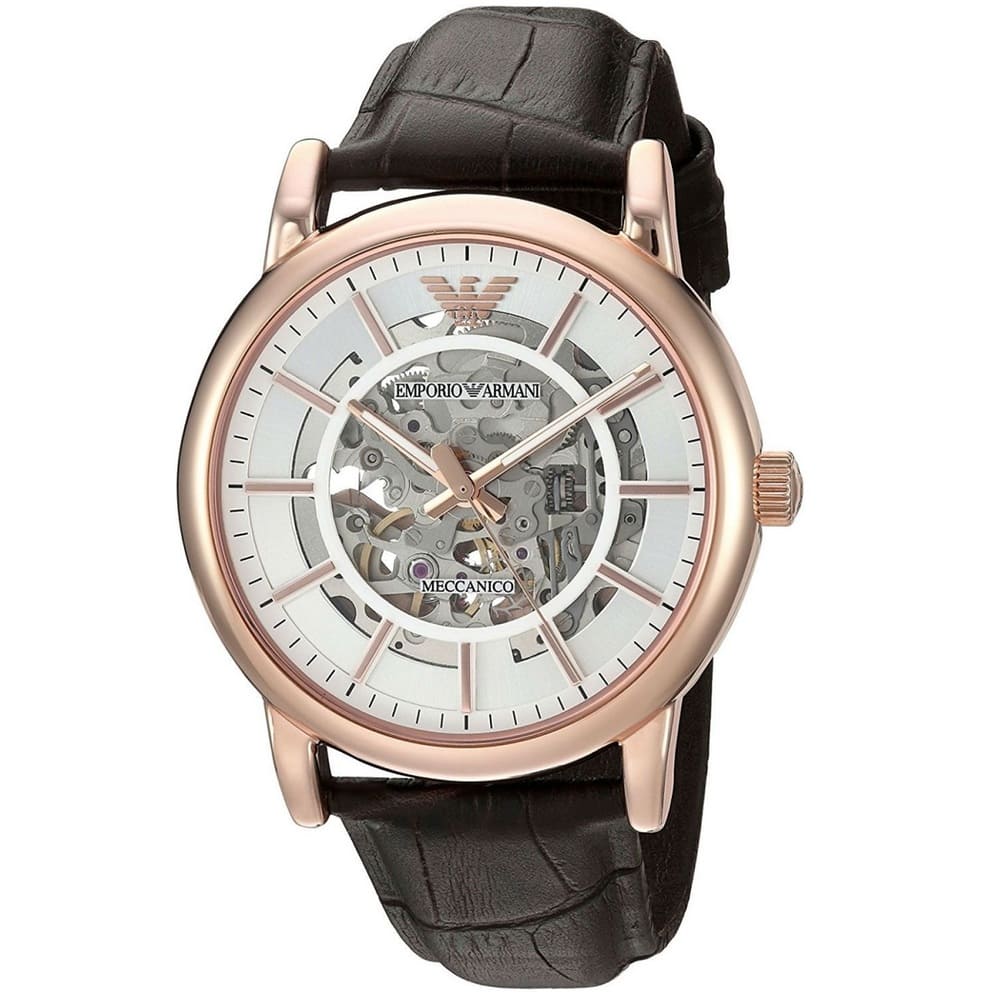 Emporio Armani AR1983 watch angled view showing silver skeleton dial and rose gold case