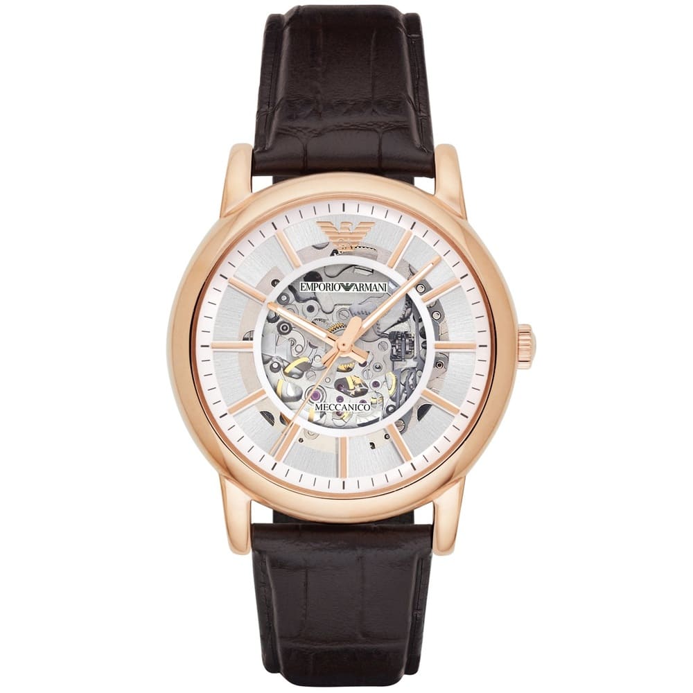 Emporio Armani Meccanico Silver Skeleton Dial Brown Leather Strap Watch For Men - AR1983