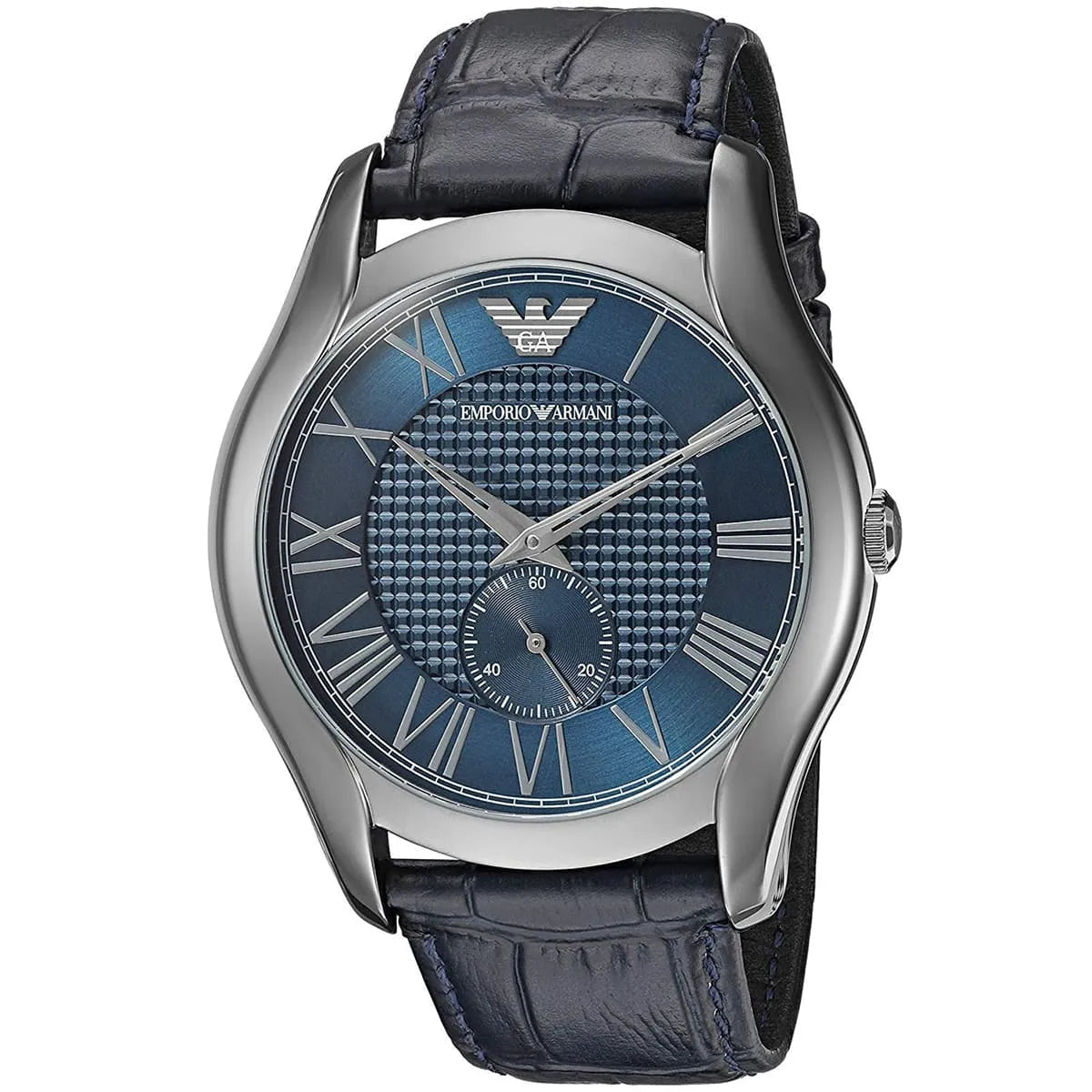 Emporio Armani AR1986 watch at angle showing blue dial with Roman numerals and grey case
